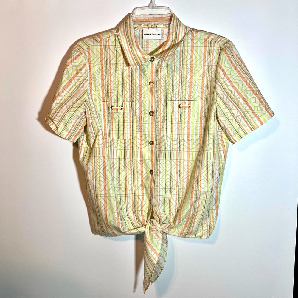 Vintage Alfred Dunner Striped Button Up Top With Two Front Pockets And Tie Front